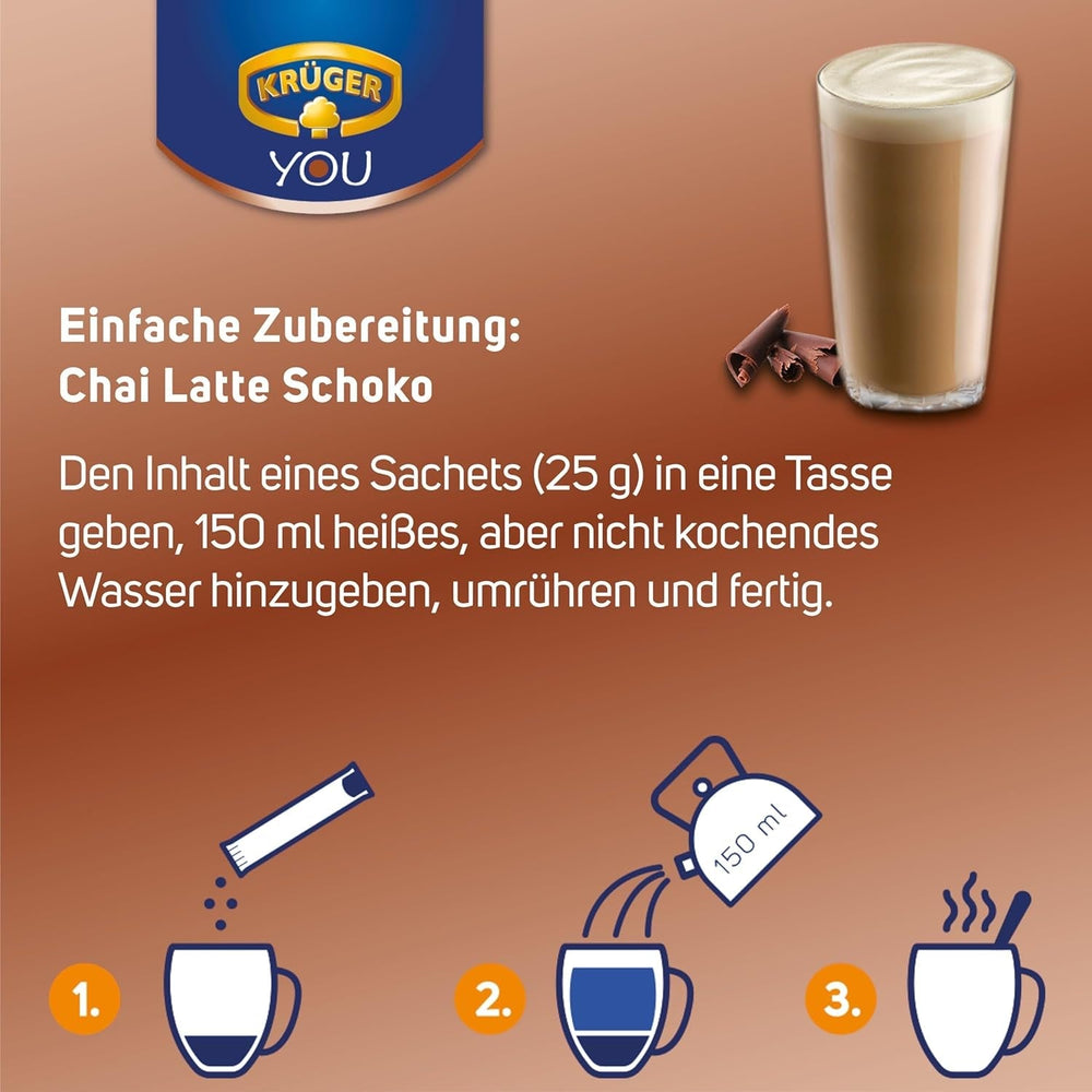 KRÜGER YOU Chai Latte Ciocolată, preparat instant pentru băuturi cu lapte, aromatizat cu ciocolată, 250 g (10 pliculețe de 25 g)