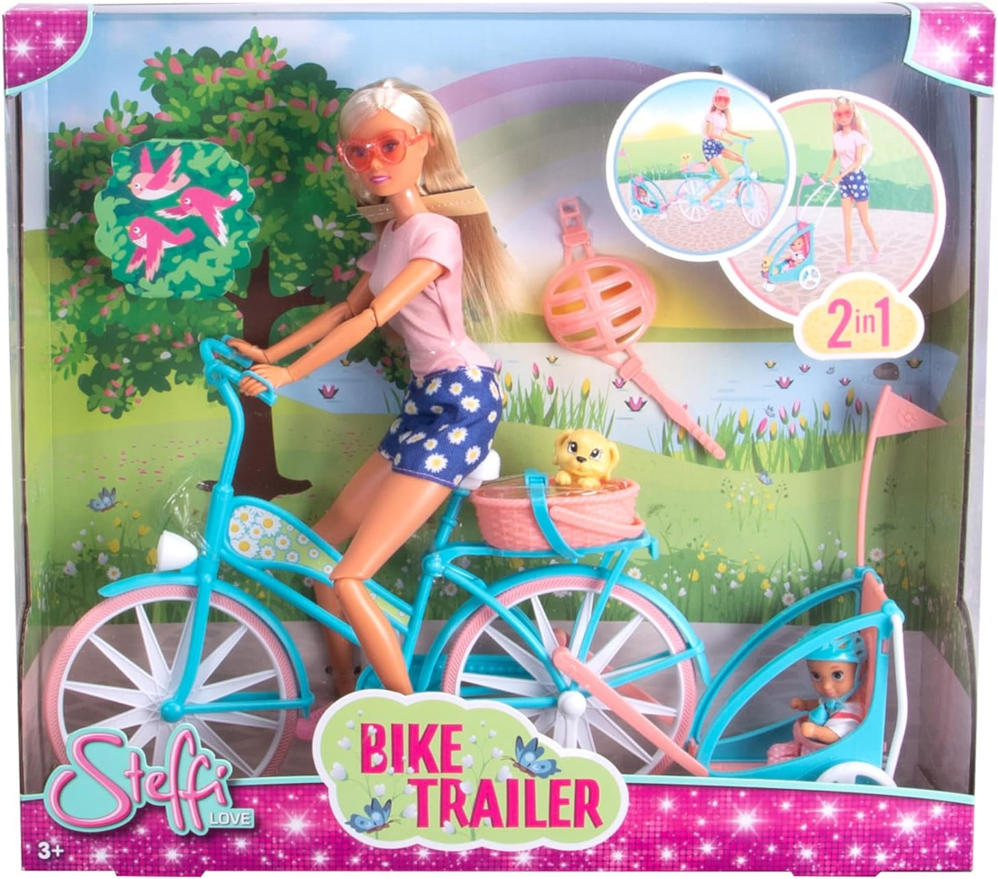Remorcă pentru bicicletă Steffi Love, păpușă pe bicicletă cu remorcă pentru bebeluș, câine și căști, de la 3 ani în sus