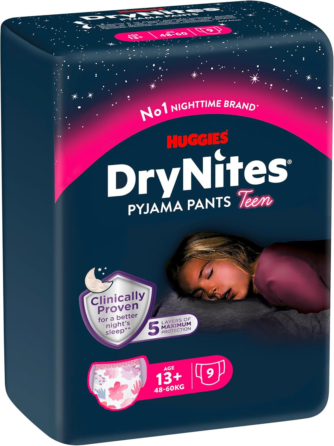 Huggies DryNites Nighttime Bedwetting Diapers for Girls 13-Approx 17 Years (48-60kg) 27 Count (3x9) Monthly Pack Panty Diapers