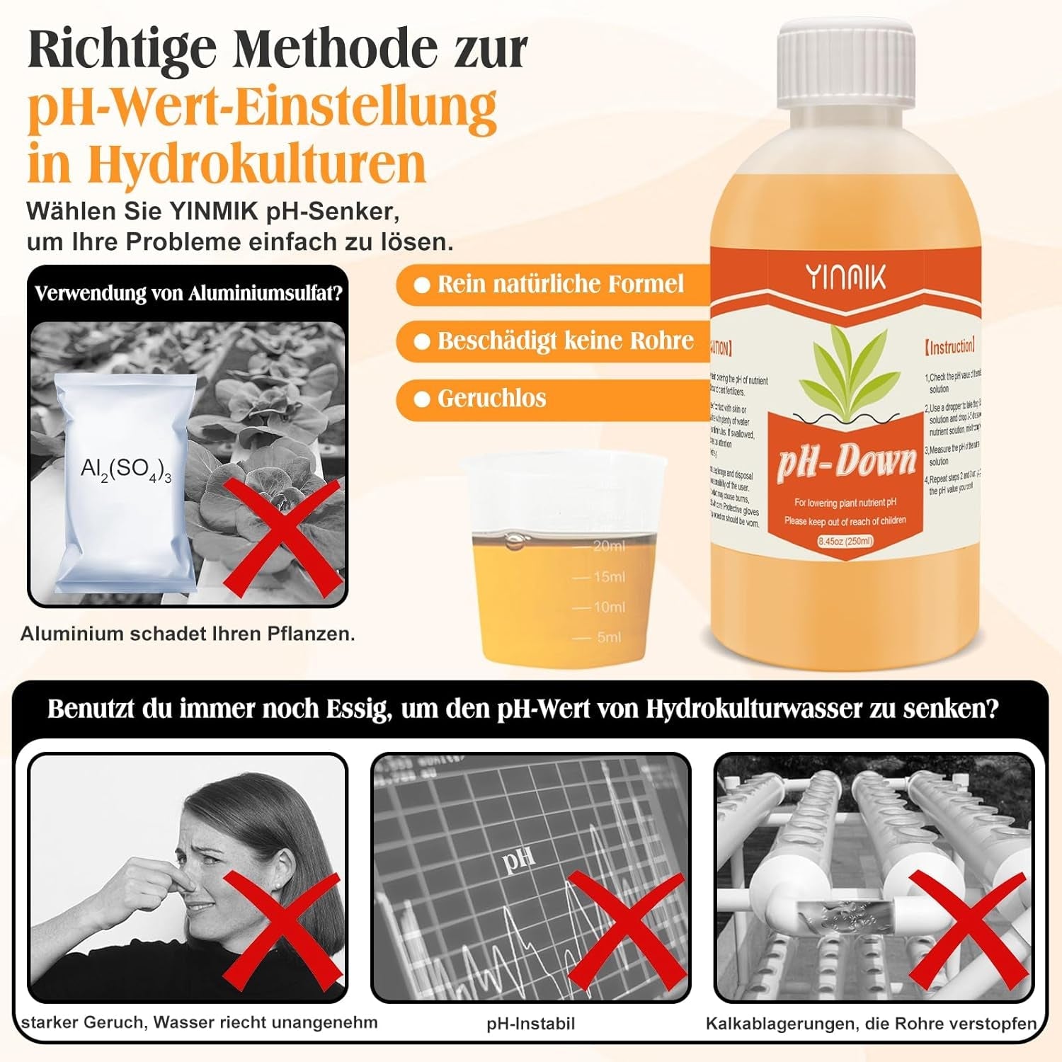 Regulator de pH pentru hidroponie, lichid pH Up și pH Down, fluid regulator de pH pentru scăderea sau creșterea valorii pH-ului, tampon premium 250 ml, potrivit pentru toate sistemele hidroponice (sol și apă)
