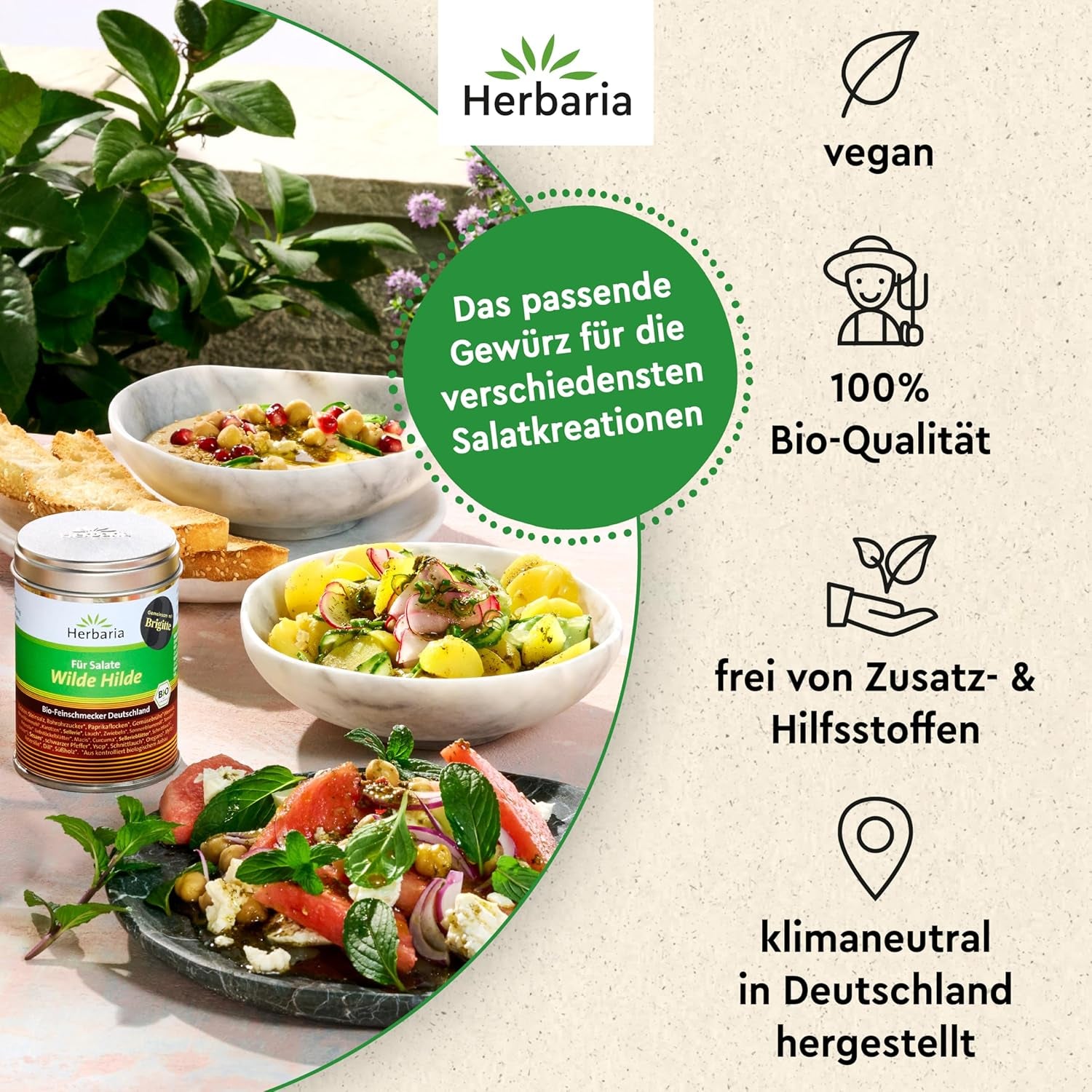 Herbaria Wilde Hilde bio 100g M-Dose-fertige Bio-Gewürzmischung - Saladgewürz für ausgefeilte Salade - mit erlesenen Ingredient - in nachhaltiger Aromaschutz-Dose