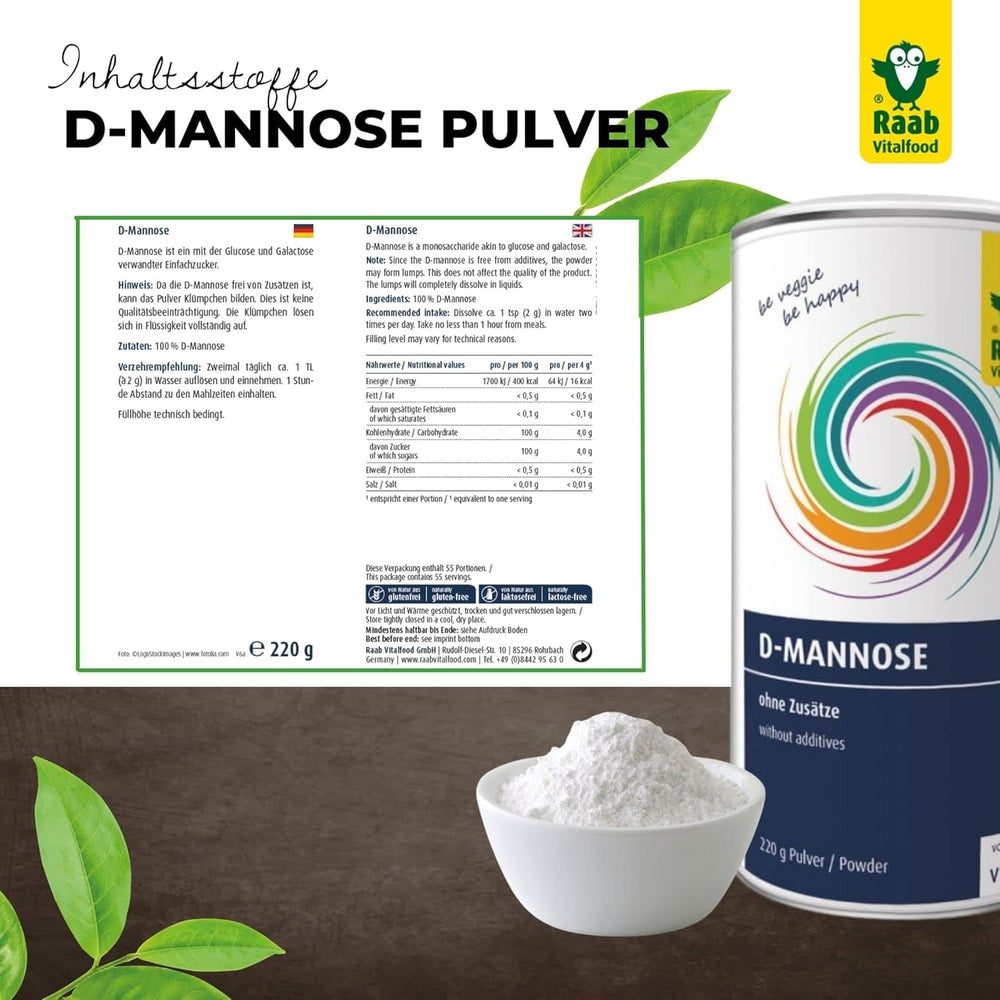 Raab Vitalfood® D-Mannose Powder (220 G) - Frei Von Zusätzen, Vegan, Glutenfrei, Gut Löslich, Mit Meßlöffel in Der Dose, Vorratspackung, 100% D-Mannose (Gewonnen Aus Mais) Sweeteners Naty Shop
