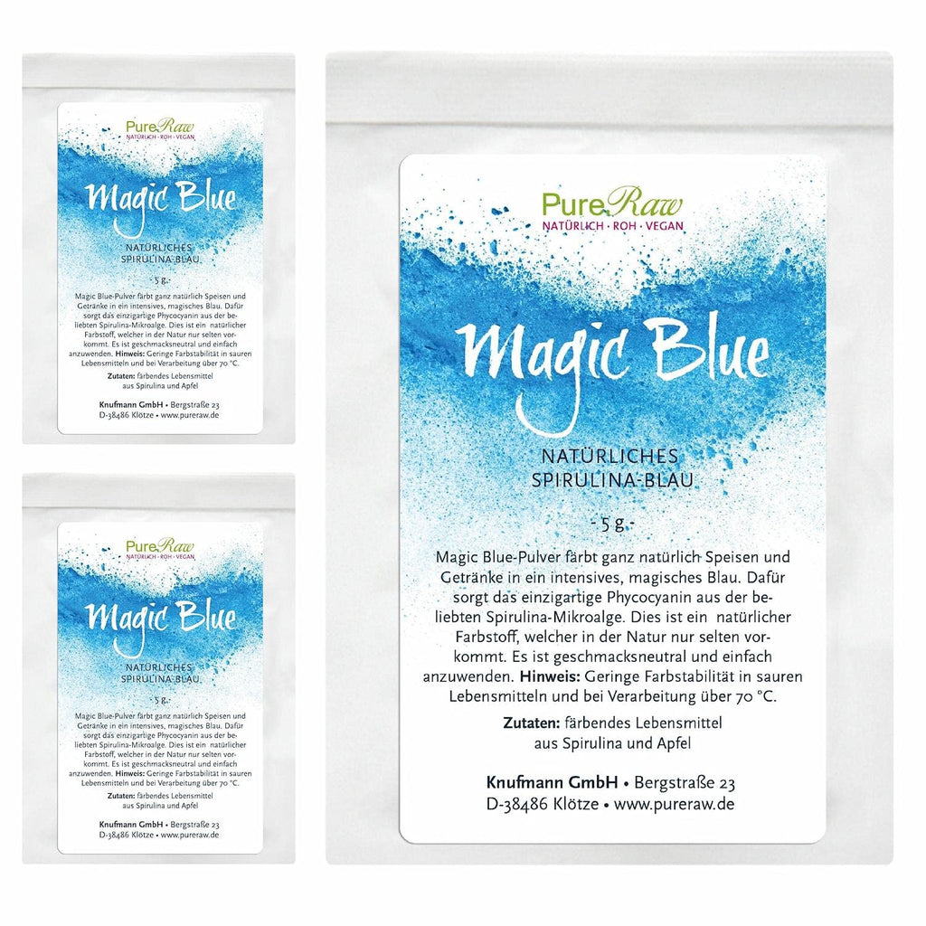 Colorant alimentar natural albastru pudră Magic Blue Spirulina (vegan crud) Albastru închis până la albastru deschis pastel - Colorant alimentar pudră cu alge ficocianină - Colorant alimentar natural | Pureraw 5G