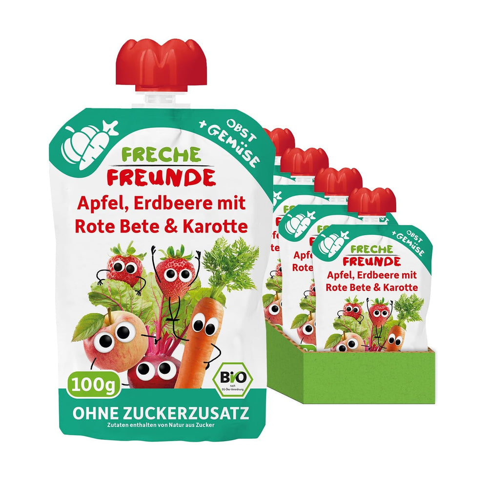 FRECHE FREUNDE Pungă de fructe bio, compresibilă, cu mere, căpșuni, sfeclă roșie și morcov, piure de fructe cu legume într-o pungă compresibilă pentru bebeluși de la 6 luni, vegan, pachet de 6 (6 x 100g)