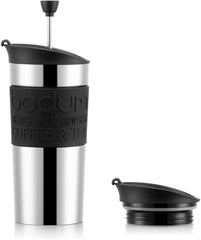 Cafetieră Bodum K11067-01 Travel Press din oțel inoxidabil, neagră, cu capac de schimb, 350 ml