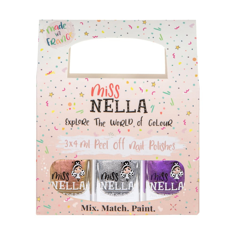 Miss Nella Magic Collection 4 Piece Glitter Nail Polish Set: Pink, Red, Gold and Blue, Kids Special Removable Nail Polish, Non-Toxic, Water-Based, Odorless