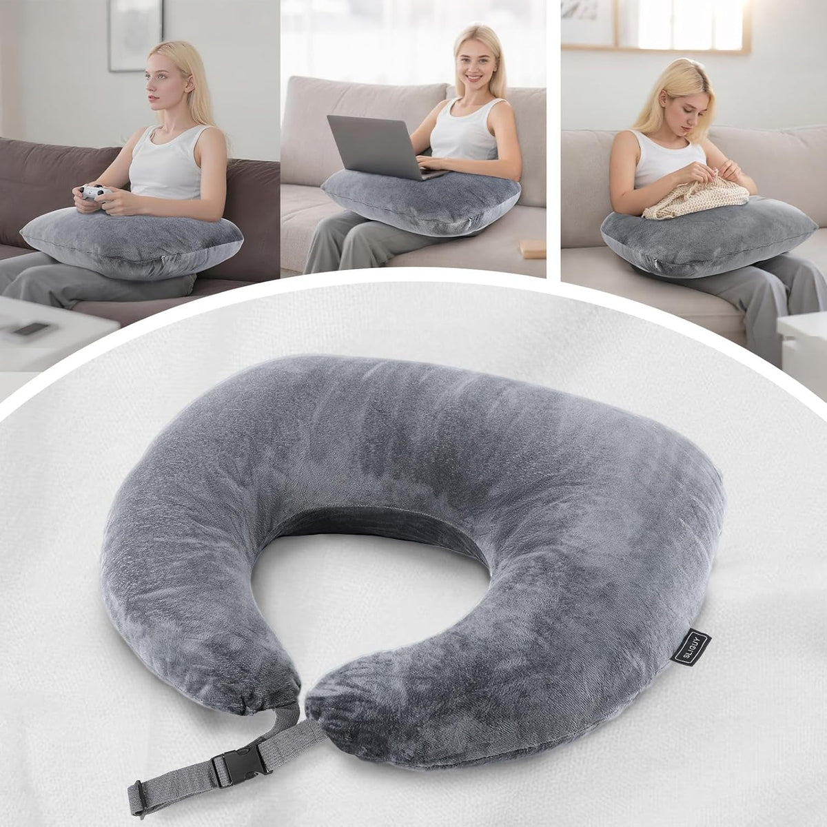 Pernă de gaming SLIGUY, pernă de citit, pernă de susținere a brațelor pentru pat și canapea, pernă pelviană în formă de U pentru adulți, gri închis