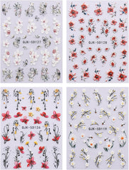 JMEOWIO 3D Nagelsticker Blumen Nail Art Sticker Selbstklebend Nagelaufkleber 5D Stereoskopisch Frühling Sommer Dekoration Nageldesign Zubehör 4 Blatt