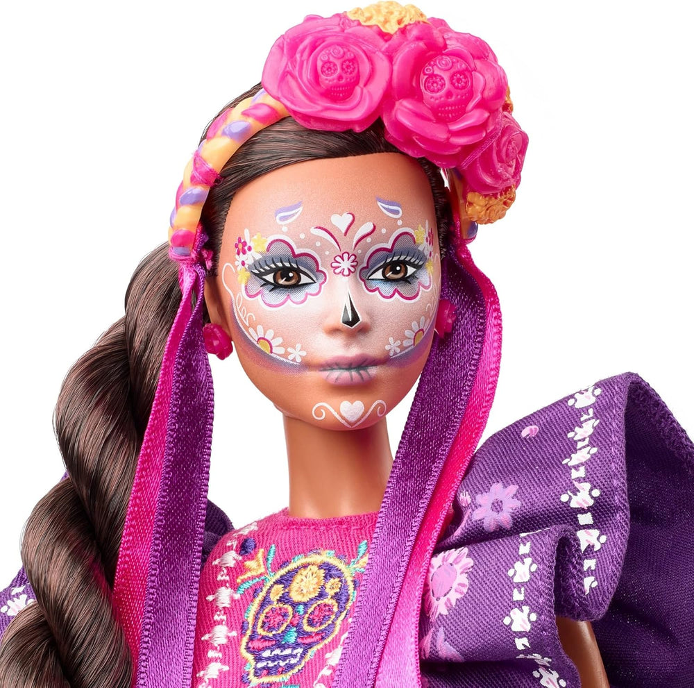 Păpușă Barbie 2022 Día De Muertos cu rochie tradițională cu volane, coroană de flori și vopsea facială Calavera, cadou pentru colecționari