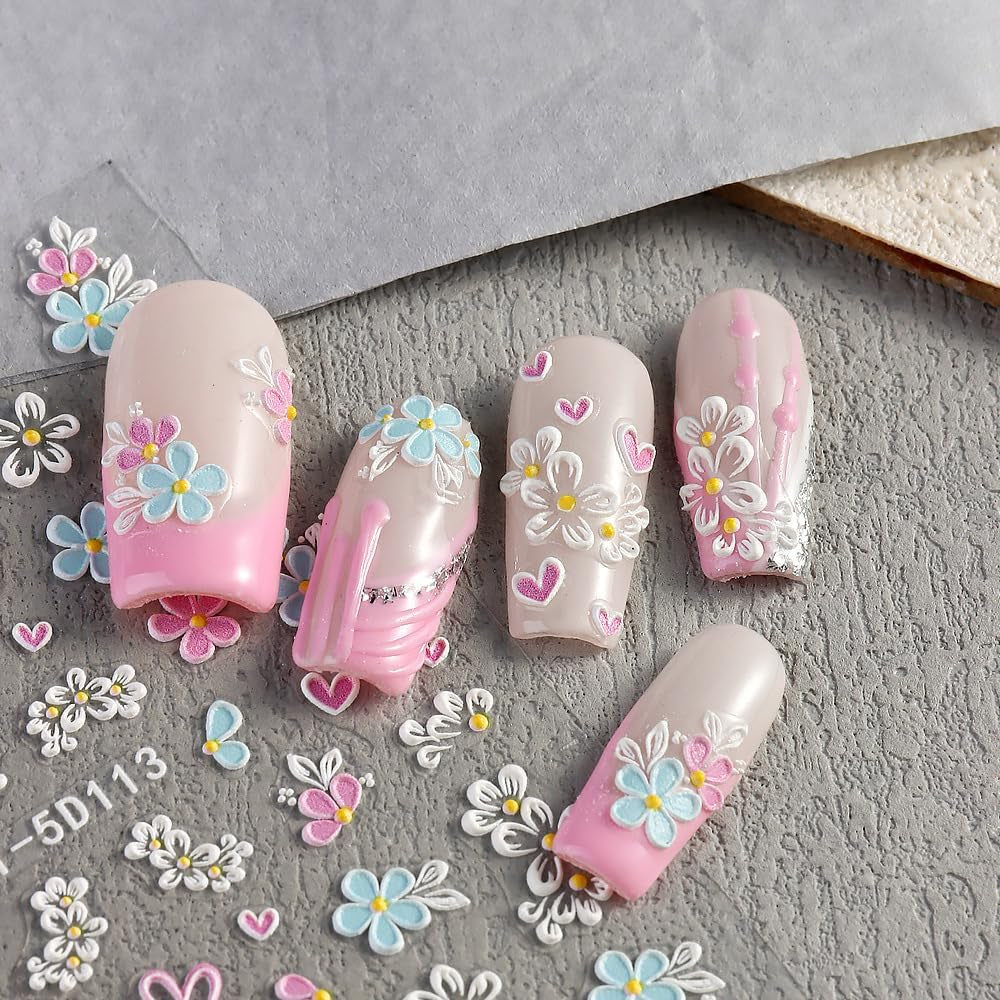 5D Geprägte Blume Nagelsticker Nagelfolie Selbstklebend Acryl Geschnitzte Blumen Nagelaufkleber Schmetterling Nail Sticker Blütenblätter Nageldesign Aufkleber Nägel Zubehör Flower Nail Art Stickers