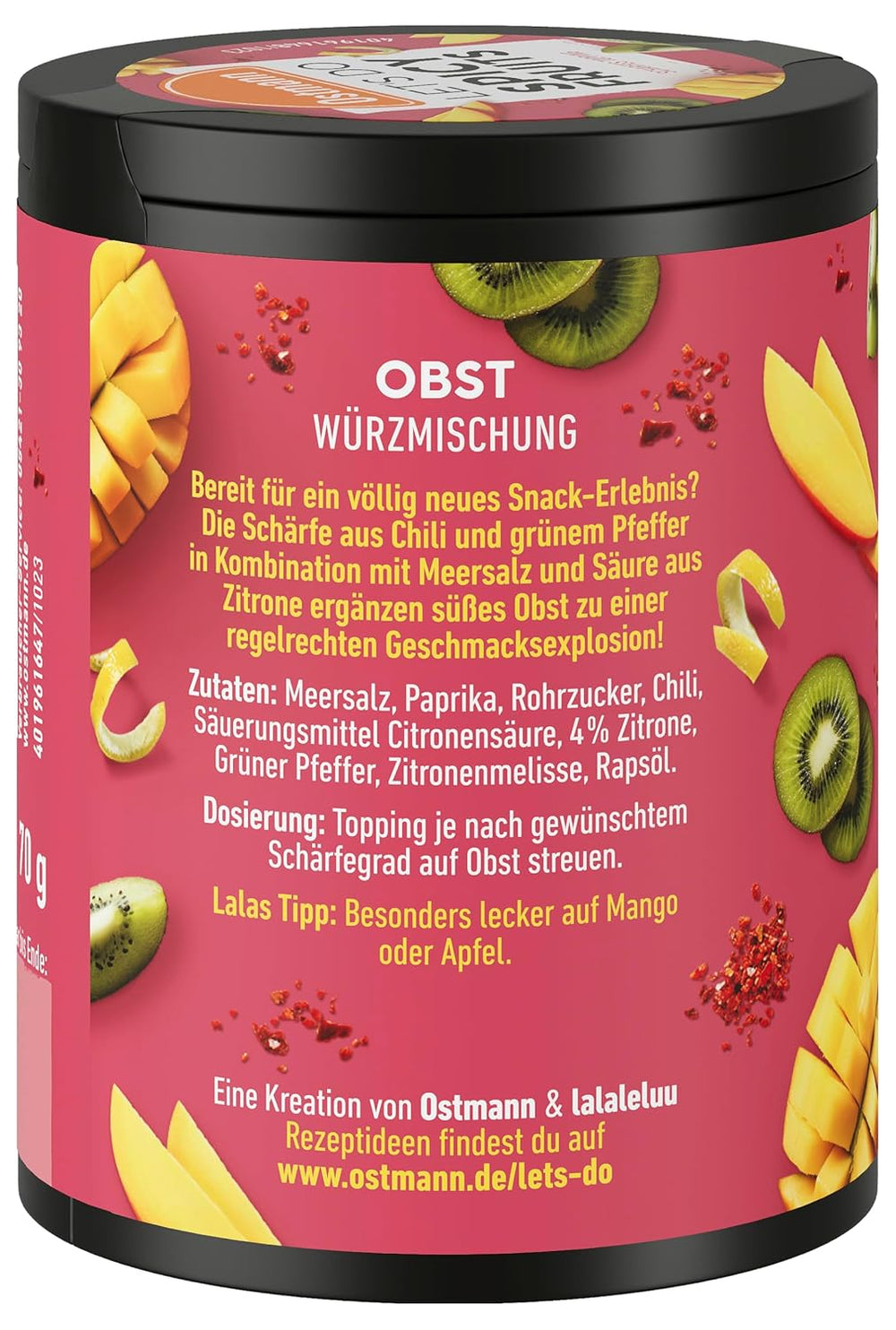 Ostmann Gewürze - Let's Do Spicy Fruits | Würzmischung für süßes Obst created by Lalaleluu | scharfes Obst-Topping mit Chili und Pfeffer, lecker auf Apfel oder Mango | 70 g in Metalldose recyclebar