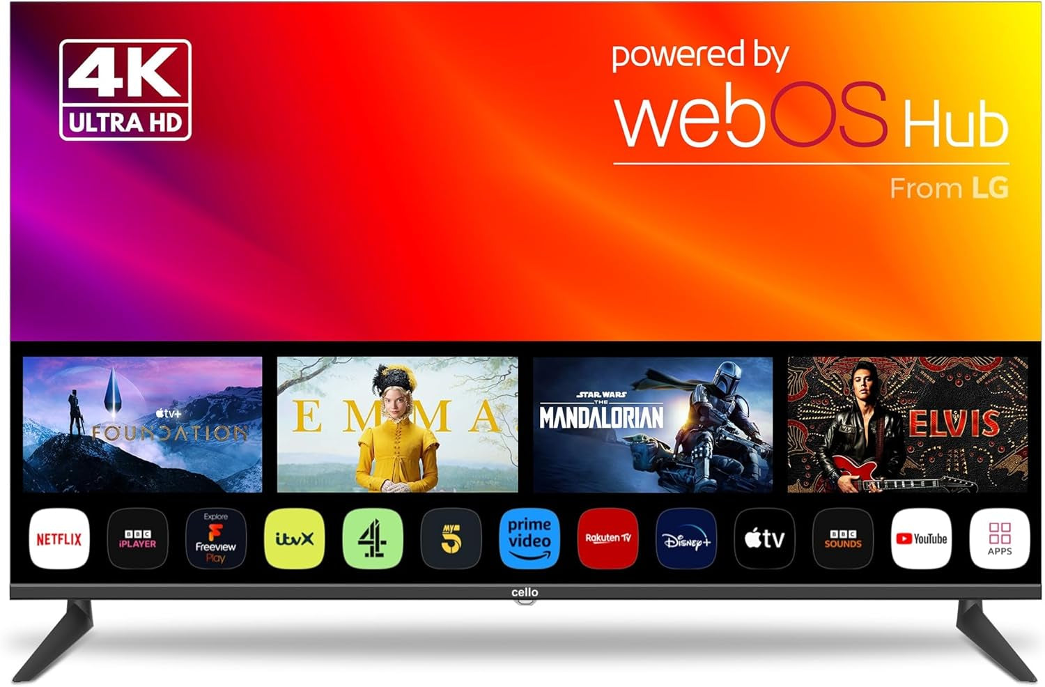 Televizor inteligent Cello C2224WSH de 22 de inci, fără ramă, alimentat de la rețea, LG WebOS, Freeview Play, FreeSat, Bluetooth, difuzoare Pitch Perfect, ideal pentru bucătărie, dormitor sau camere mici