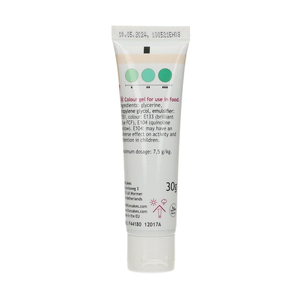 Colorant alimentar Funcakes Verde Mentă, gel colorant alimentar foarte concentrat pentru aluat, cremă, fondant și marțipan. Dozare ușoară. Picătură individuală pentru a crea culori vibrante. Halal. 30 g.