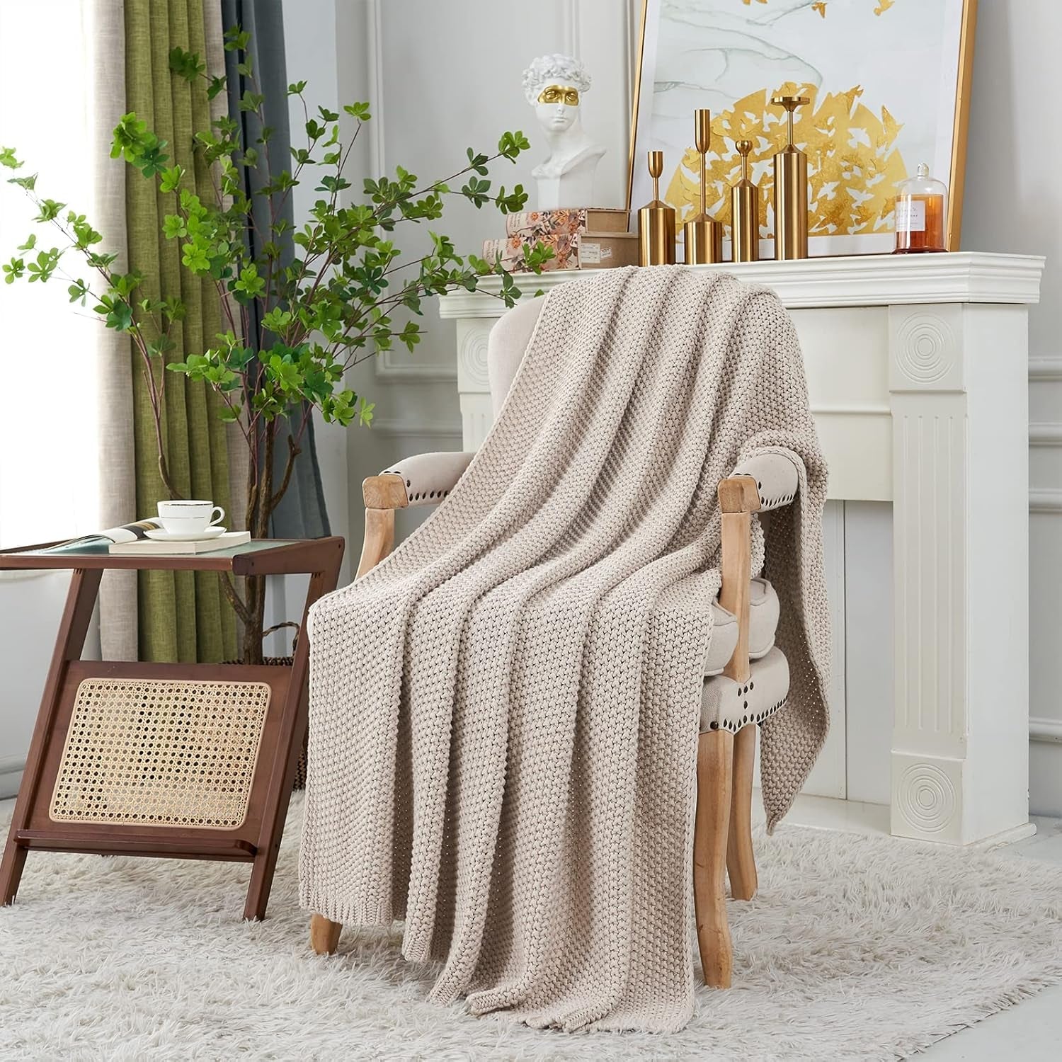Chunky knit throw blanket, Lightweight, Beige, 100% organic cotton, Blanket for couch, sofa, bed, child, children's room, Rustic, Shabby chic, Modern farmhouse, 152.4 X 203.2 cm, Including laundry bag Beds and Blankets Longhui bedding