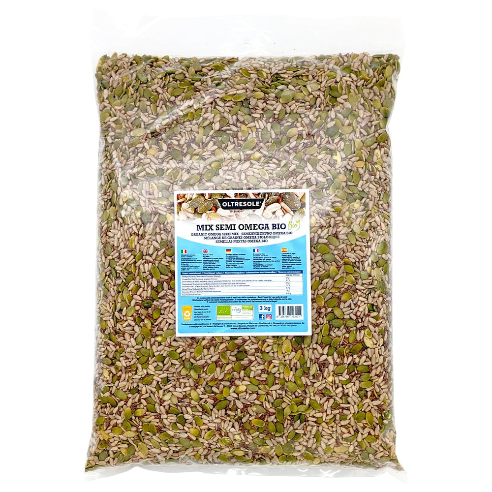 Organic Omega Seed Mix 3 kg (mixture of pumpkin, sunflower and flax seeds), a blend of 3 whole raw oilseeds, rich in protein, fiber and omega-3 fatty acids