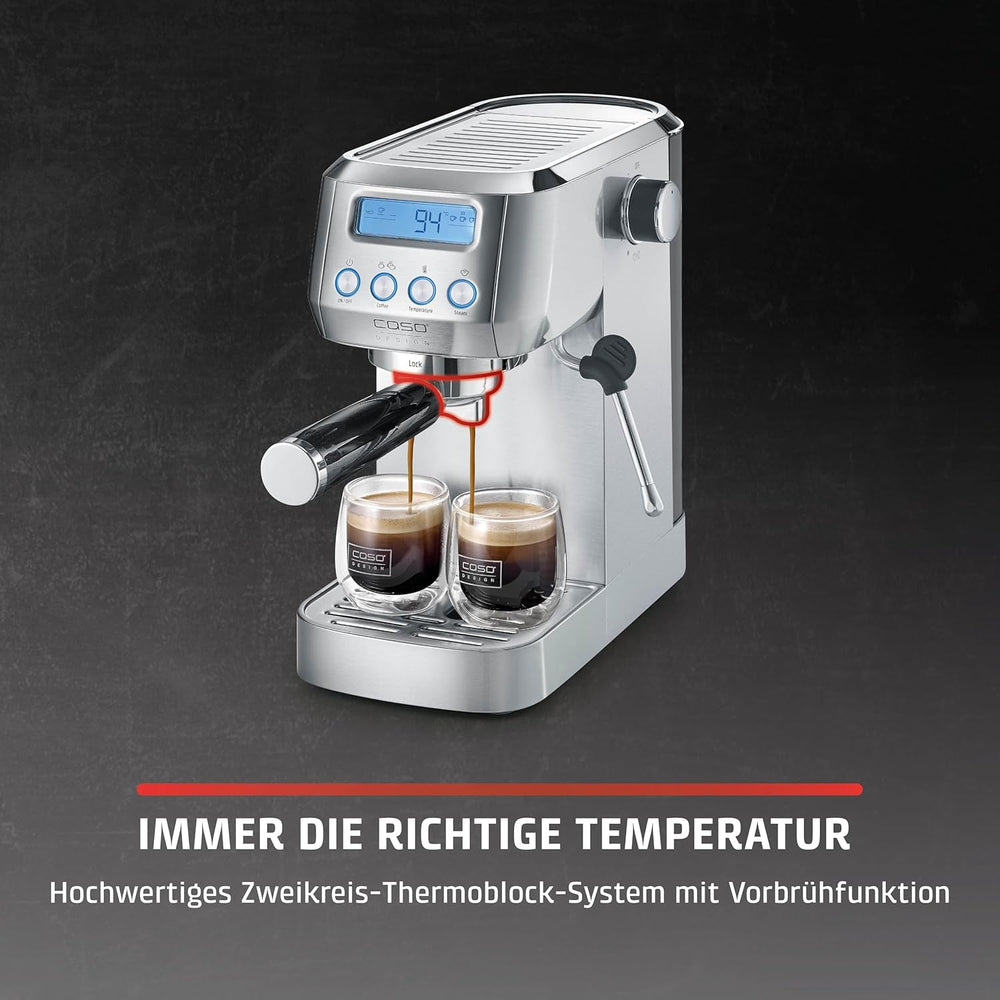 CASO EspressoGourmet Crema - Espressor portafiltru cu spumator de lapte, espresso, cappuccino, portafiltru din oțel inoxidabil, pompă ULKA 20 bar, aparat de cafea, cafea măcinată, capsule ESE