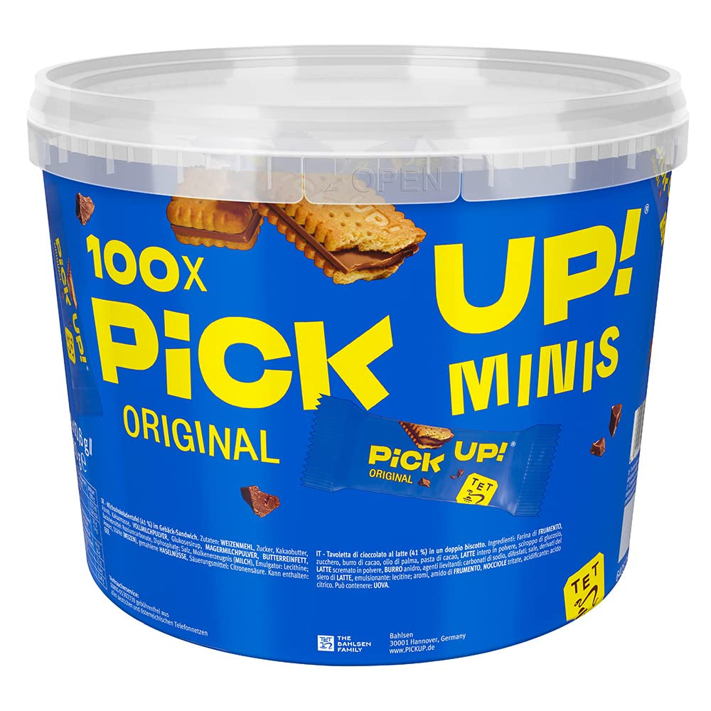 PICK UP! minis Original + Choco&Milk (1 x 1.06 kg), mini snack bars with a crunchy milk chocolate tablet between two biscuits, packs of 100 portions