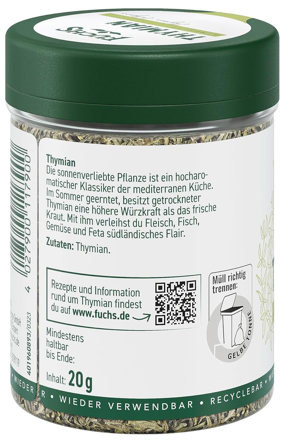 Fuchs Gewürze - Thyme gerebelt - Mediterranean Kräuternote für Feta, Gemüse und Fleischgerichte - natural ingredients - 20 g in wiederverwendbarer, recyclebarer Dose