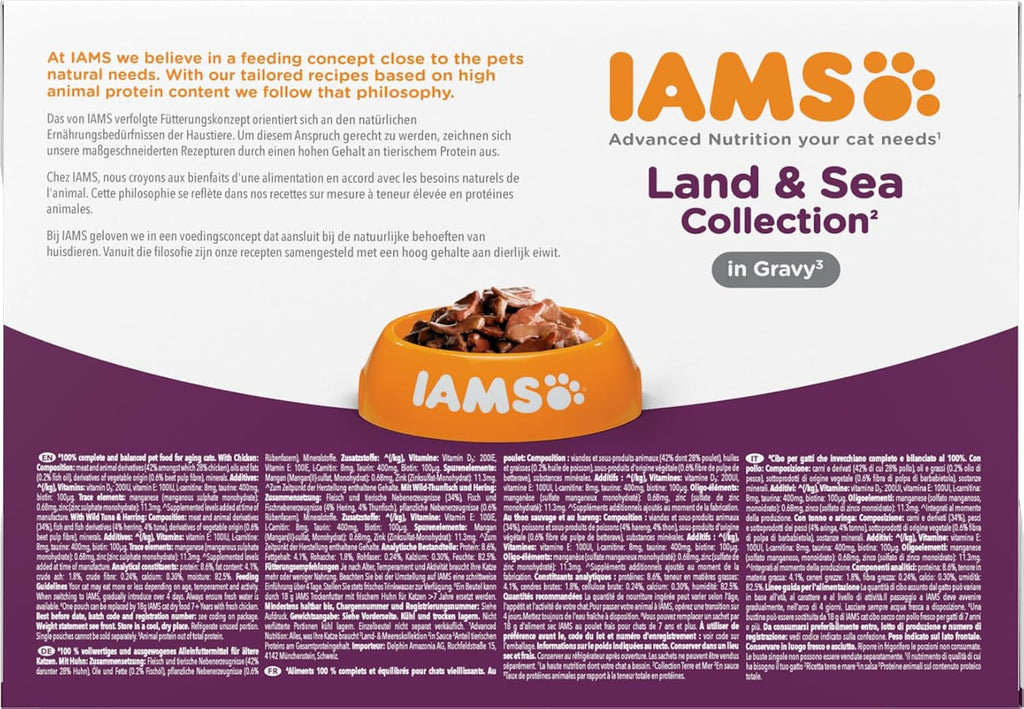 IAMS Delights Senior Cat Food Wet - Multipack cu pui și pește în sos, hrană umedă de înaltă calitate pentru pisici bătrâne de la 7 ani, 12 X 85 G