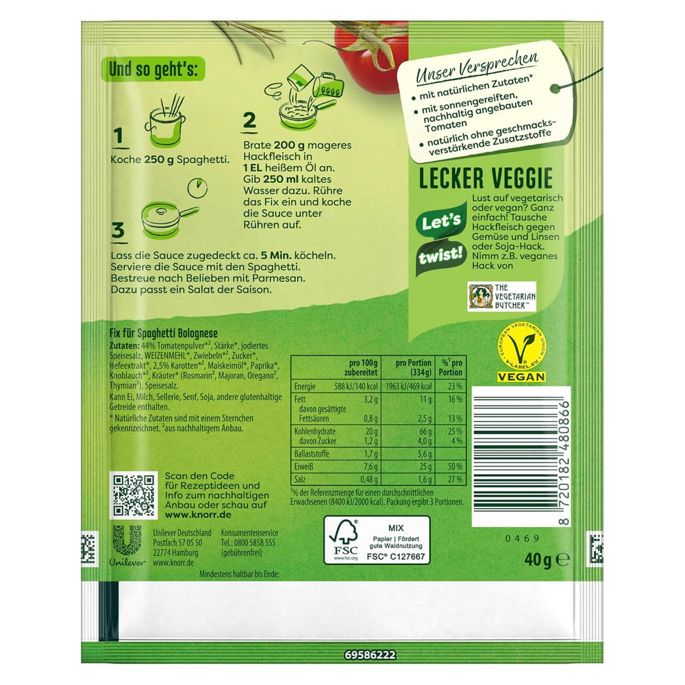Knorr Fix Würzmischung Spaghetti Bolognese for a delicious noodle dish with natural ingredients 40 g