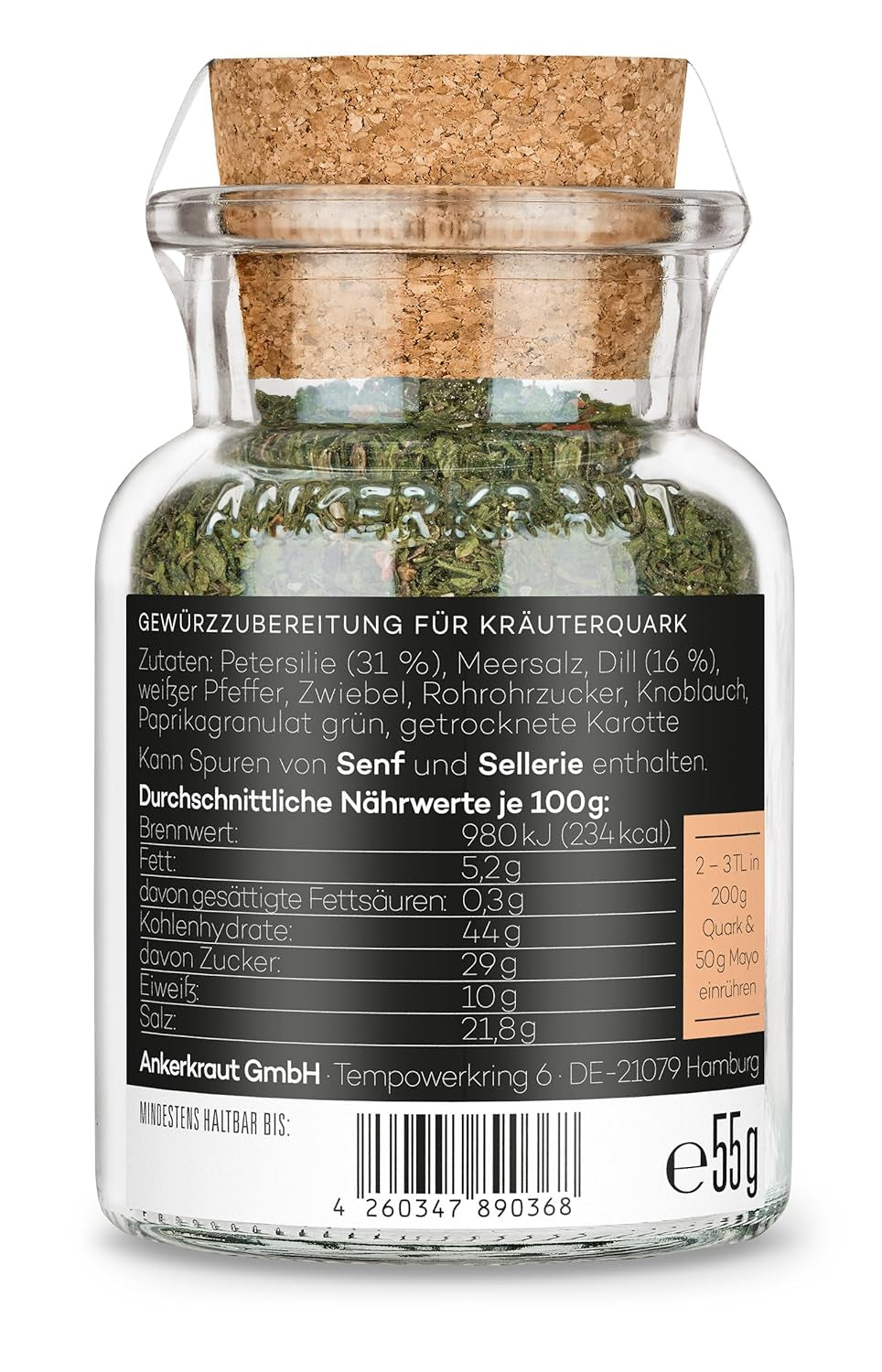 Ankerkraut Kräuterquark Dip, Gewürzmischung für Quark, Ohne Geschmackverstärker, Premium Qualität, Alternative Joghurt und Soja-Quark, Aufstrich selber machen, 55 g in cork glass