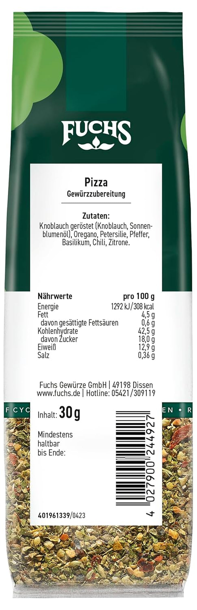 Fuchs Gewürze - Pizza Gewürzzubereitung in recyclable Nachfüllbeutel, Gewürzmischung mit Italianen Kräutern, ideal for Bruschetta - 30 g