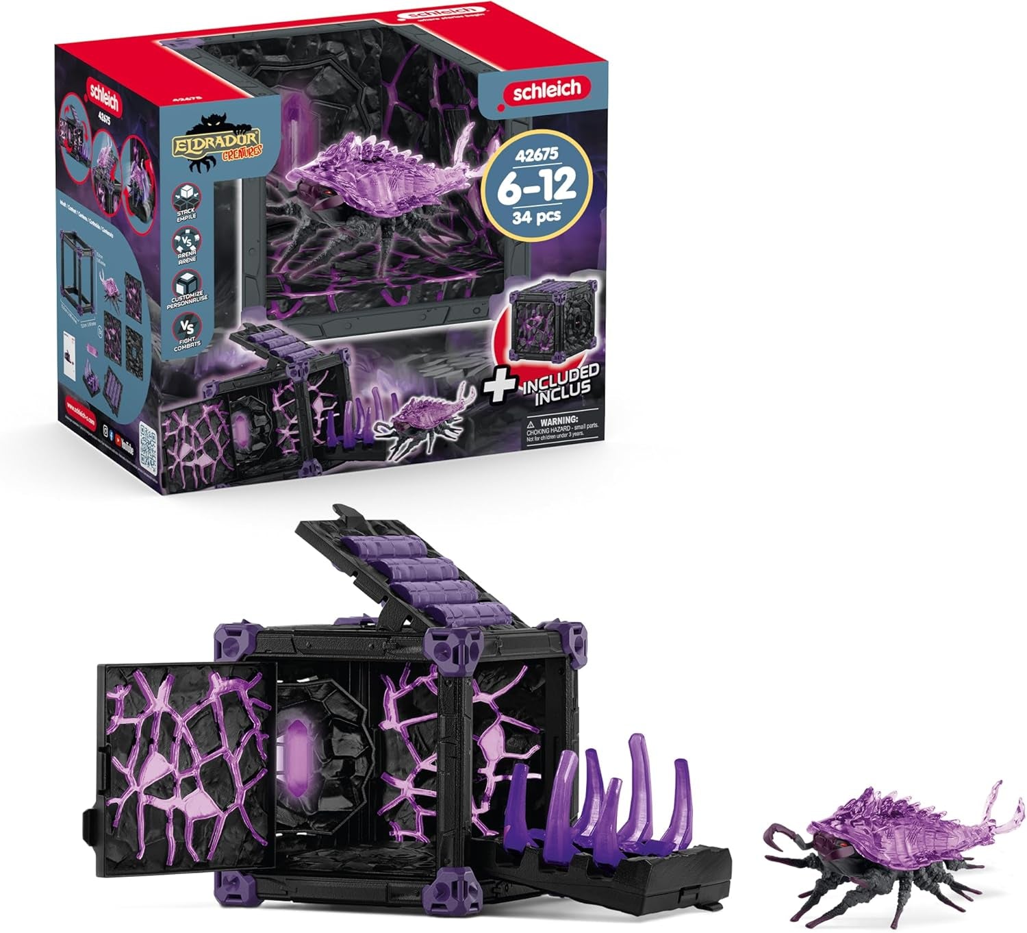 SCHLEICH ELDRADOR Creatures | Battle CAVE Schattenassel 42675 | Set aus ELDRADOR Battle Cave mit Monster und Schattenkristall | Battle Caves zur Arena stackable | Spielzeug ab 7 Jahren | 34 Teile