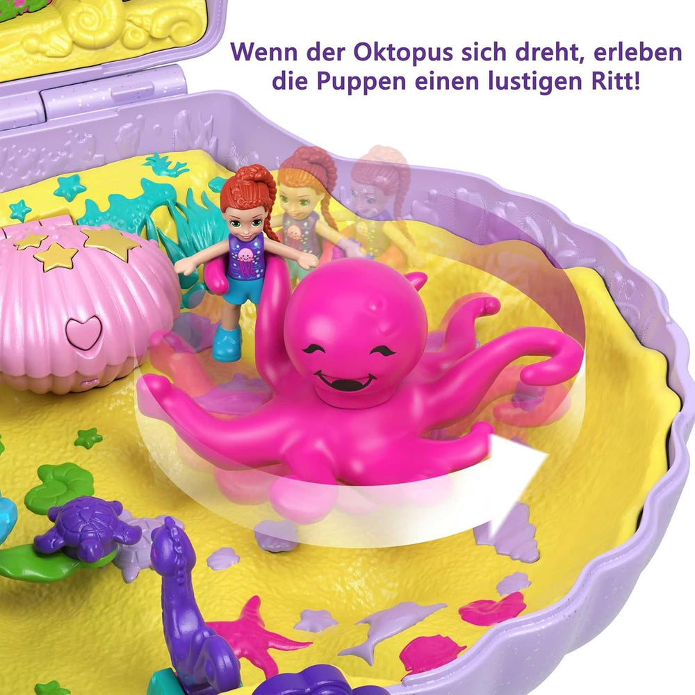 Cutie de depozitare Polly Pocket, geantă cu scoici și temă subacvatică, cu 2 păpuși și 1 submarin, jucărie sirenă Polly Pocket, jucărie pentru vârste de 4 ani și peste, GNH11