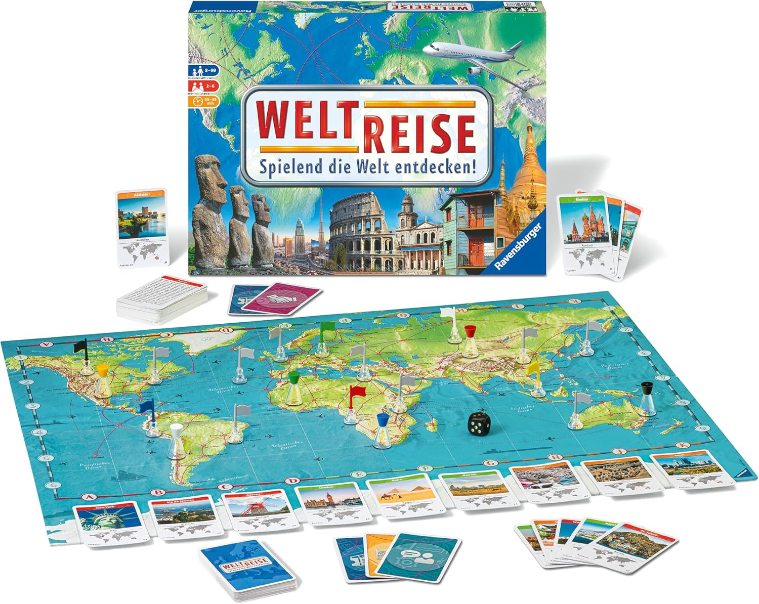 Ravensburger Family Game 26888 - World Tour - Classic for families, ages 8 and up - Party game, world travel, board game for up to 6 players - 170+ cities