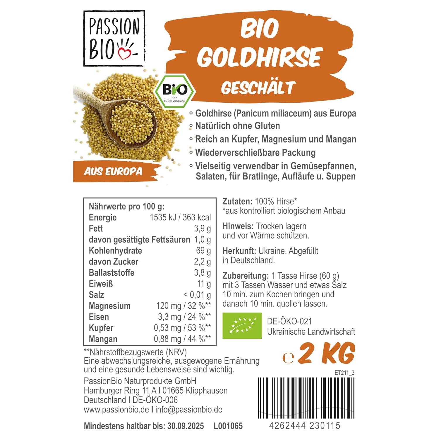 PassionBio organic golden millet 2 KG - resealable packaging