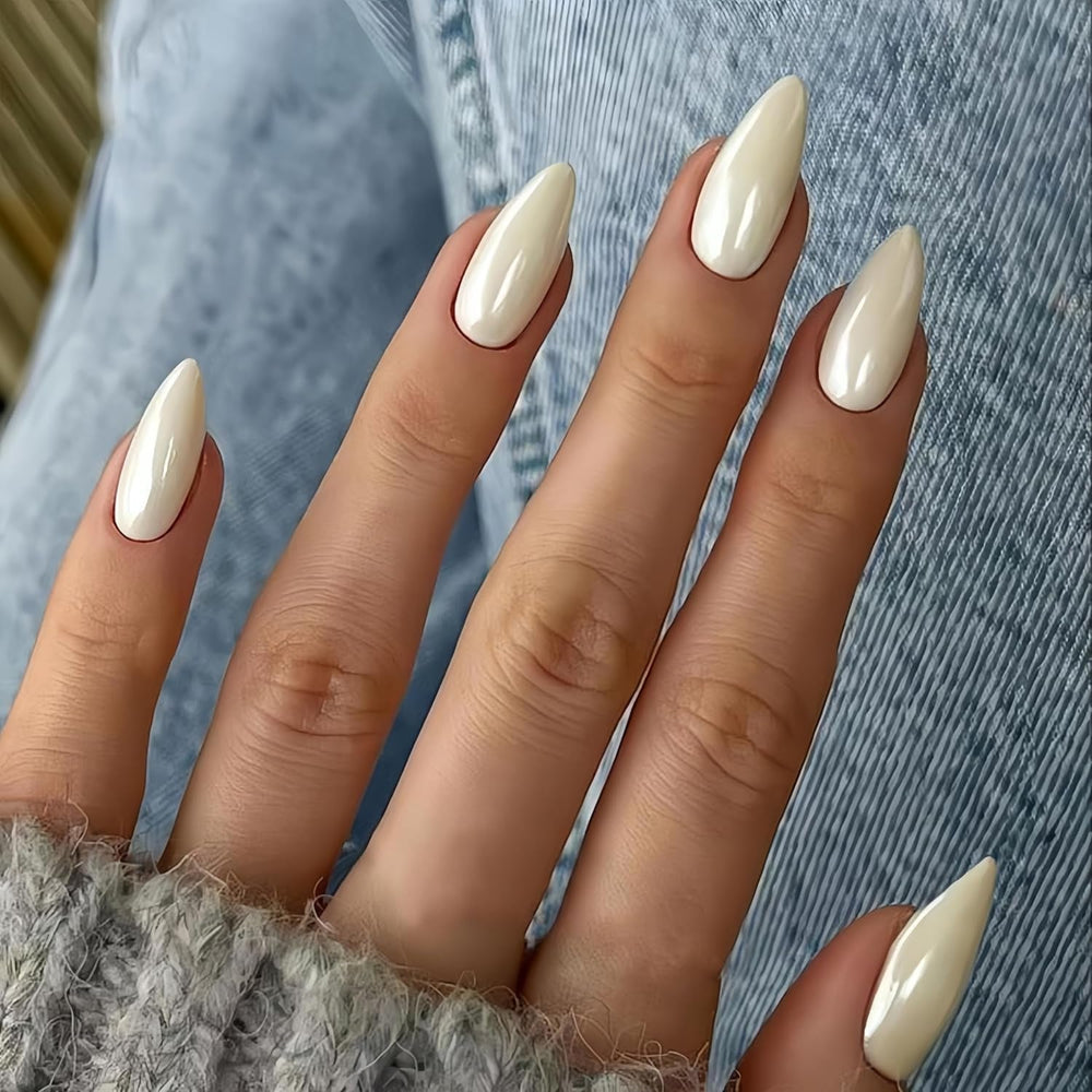 Unghii cromate autoadezive - Unghii maro cu sclipici pentru lipire, culoare migdale medii, unghii false strălucitoare, unghii artificiale pentru lipire, unghii acrilice glazurate pentru femei, 24 bucăți