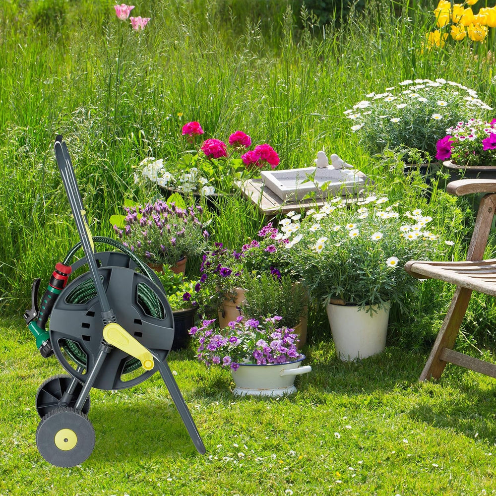 Cărucior furtun Relaxdays 45m, rolă mobilă pentru furtun de grădină și balcon, cu ghidaj pentru furtun, 76,5x44x41 cm, gri-galben