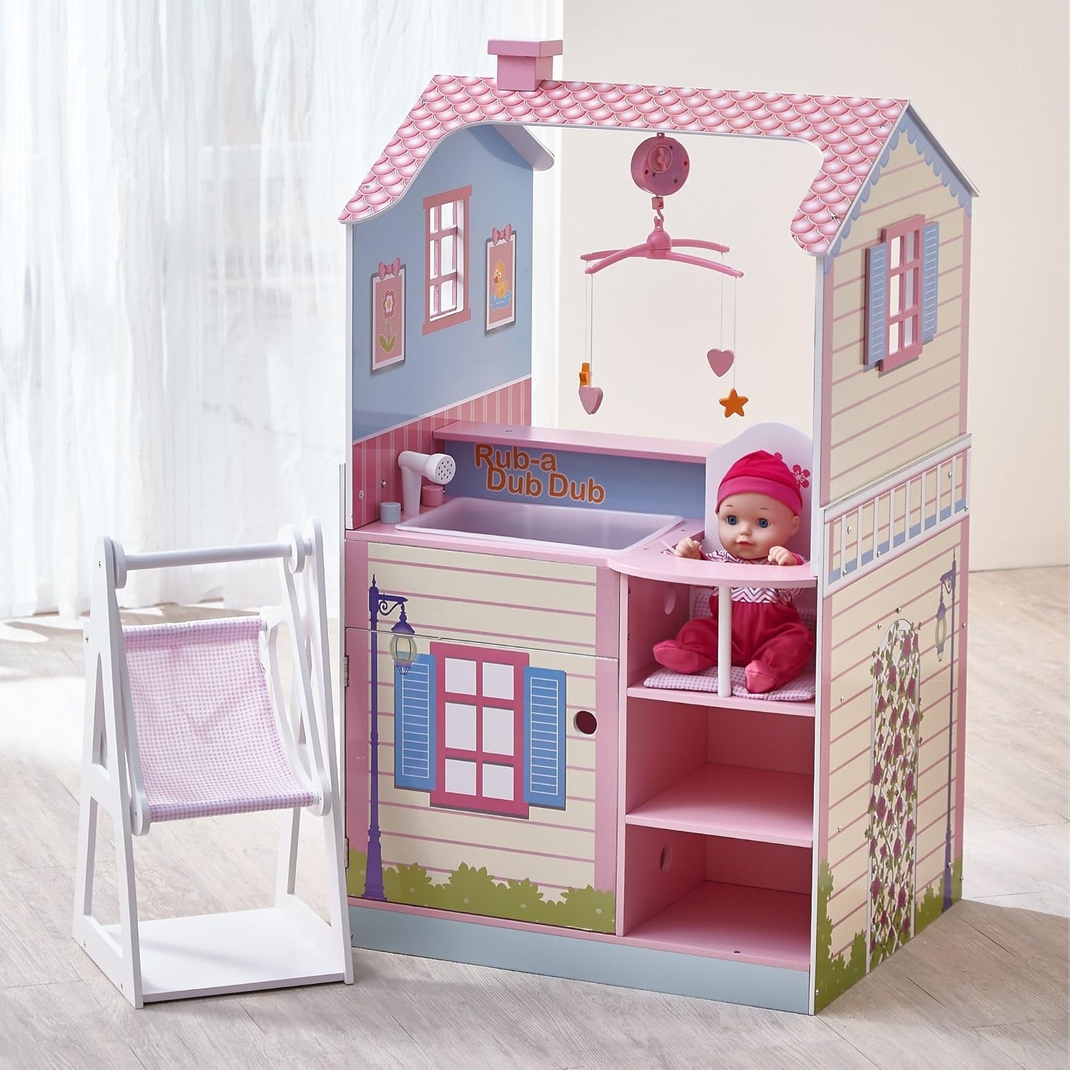 Olivia's Little World 2 En 1 Casă de păpuși și stație de schimbare Masa de schimbare Playset pentru păpuși din lemn cu scaun înalt TD-11460A Casute de papusi Naty Shop