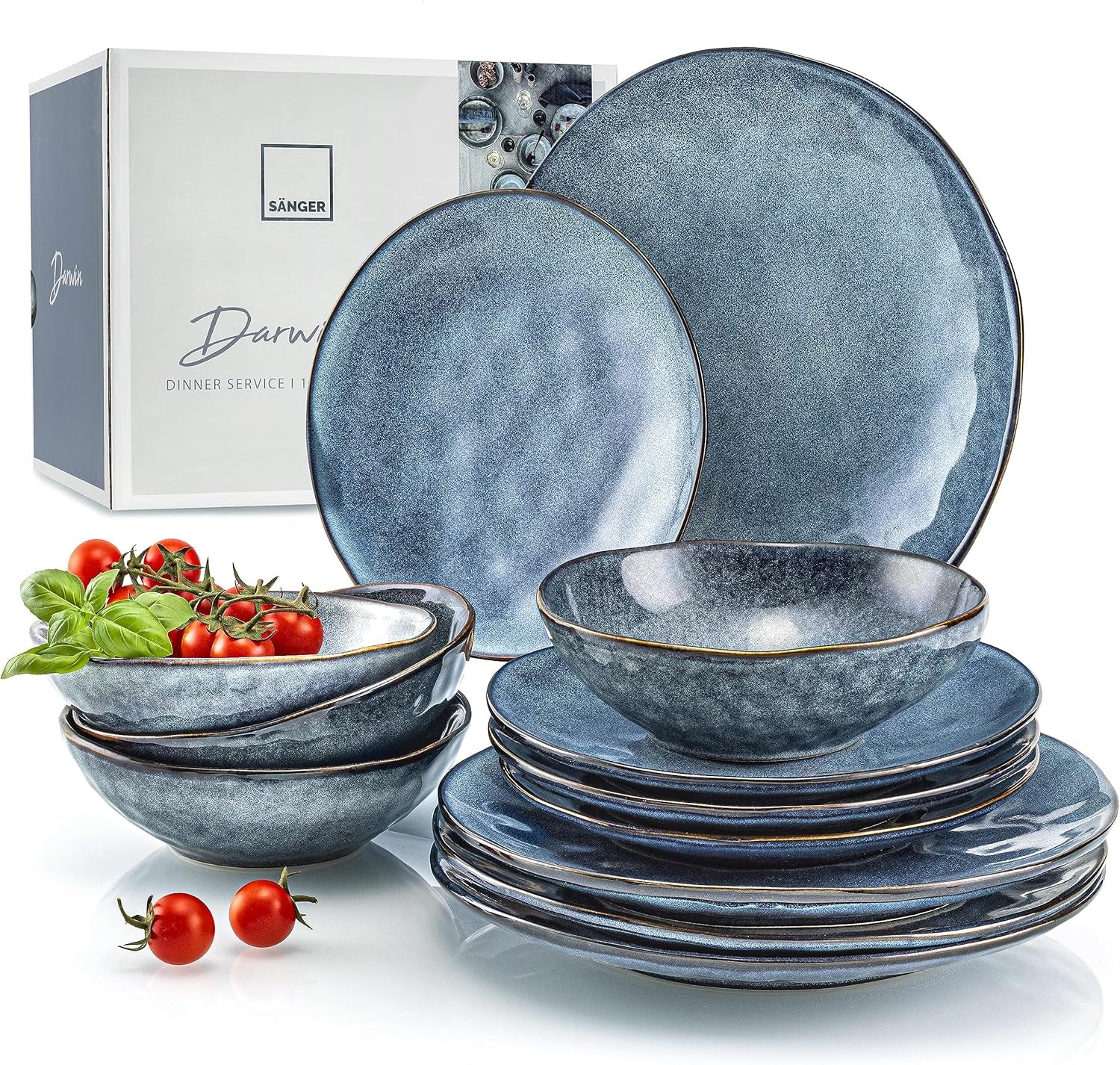 SÄNGER | Set de veselă Darwin cu 12 piese, set de veselă din gresie pentru 4 persoane, set de farfurii albastre care include farfurii de cină, farfurii de desert și farfurii de supă, set de veselă lucrat manual | COLECȚIA PREMIUM