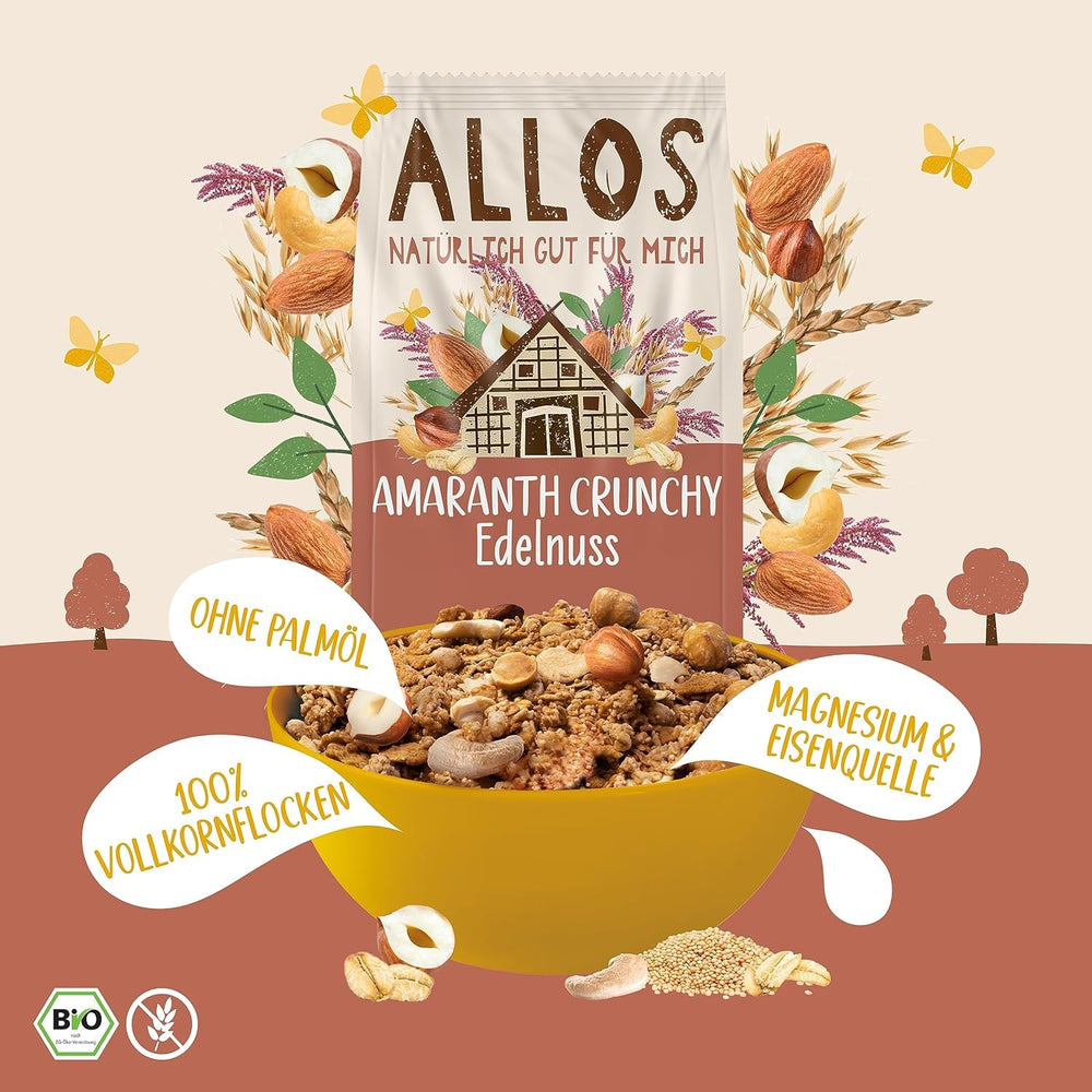 Premium crunchy muesli with walnuts and amaranth Allos | Organic Muesli | Muesli with nuts | Oatmeal | Cereals for breakfast | Vegan | Pack of 6 (6 x 400g)