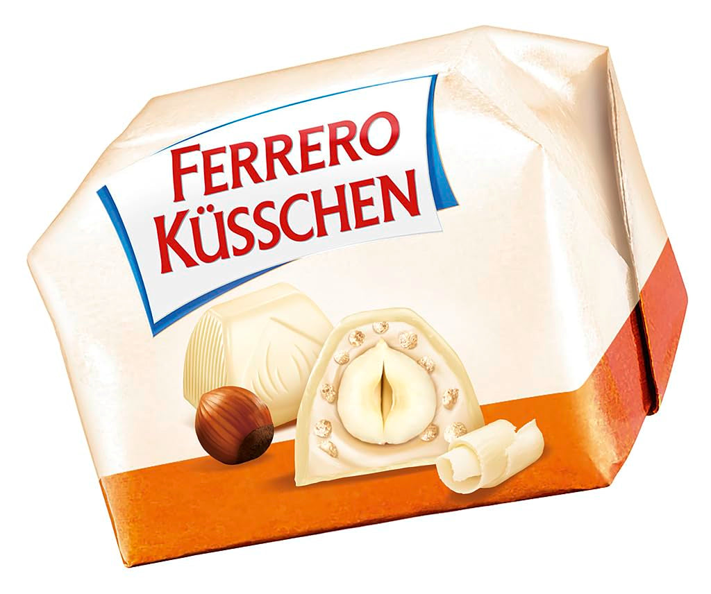 Ferrero Küsschen White Crispy - Valentine's Day gift for him and her - Crispy roasted hazelnuts in light cream with crispy chips, covered in white chocolate, 1 pack of 20 individual pralines