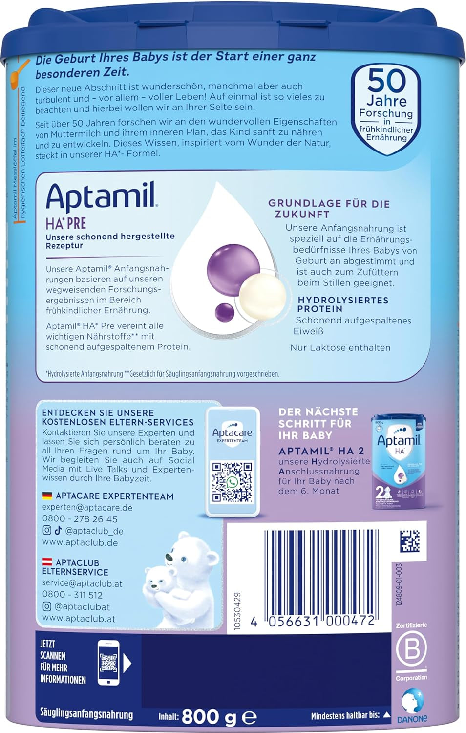 Aptamil HA PRE – Anfangsmilch von Geburt an, Mit DHA, Nur Lactose, Ohne Palmöl, Babynahrung, Milchpulver, 1x 800 g