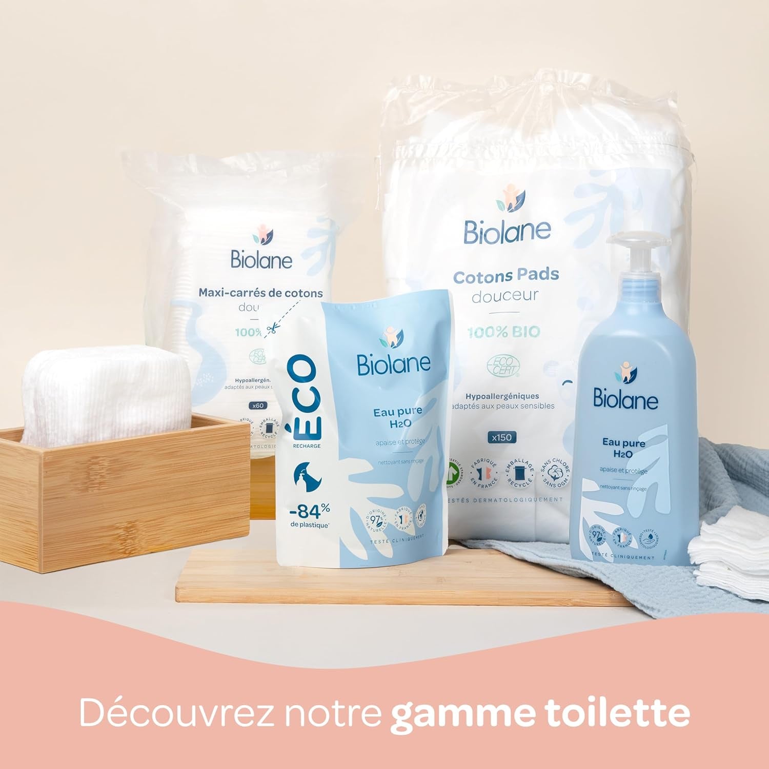 BIOLANE 12 Wet Maxi-Squares Pads - Babies - 100% Organic - 720 Cotton - for sensitive skin - Changing and Toiletry - from birth - made in France