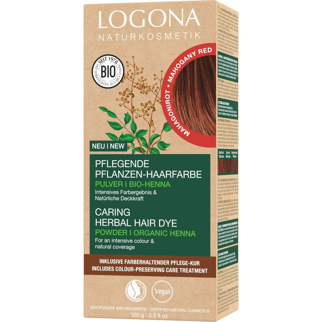 LOGONA Natural Cosmetics Vopsea de păr hrănitoare pe bază de plante, vopsea de păr vegană pudră cu henna organică pentru culoare intensă și strălucire, vopsea de păr pe bază de plante în blond cupru (blond), 1 x 100g Vopsea pentru par Naty Shop Roșu mahon 100 G (1 pachet)