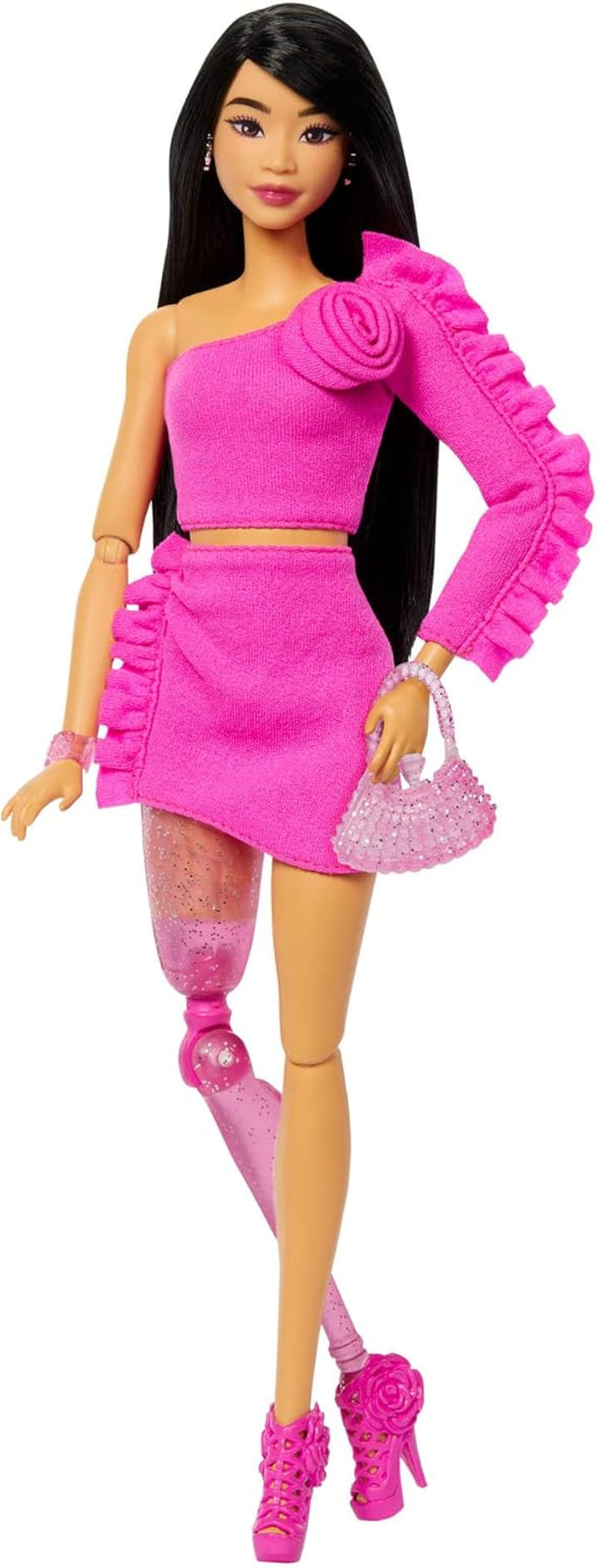 Barbie Doll Deluxe Style no. 3 with Barbiecore outfit, blonde hair in high bun, pastel pink dress with oversized bow and accessories like fishnet tights, HYV27 Naty Shop Dolls Black