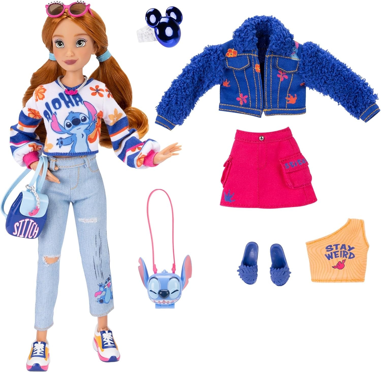 Păpuși la modă Disney ILY 4EVER Stitch cu păr roșu, 29 cm înălțime, cu 13 puncte de articulație, două ținute complete mix-and-match și un inel strălucitor cu Mickey pentru tine!