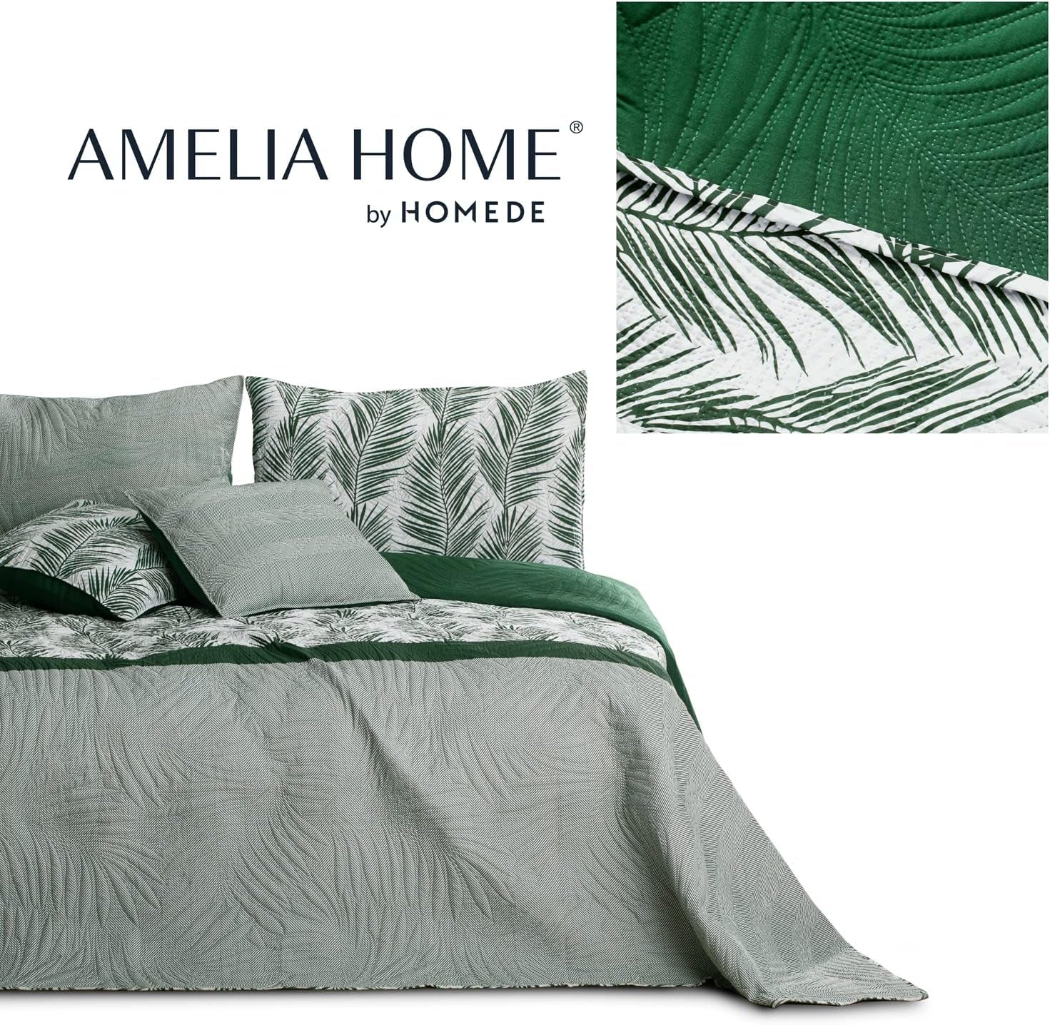 Ameliahome Bedspread Bedspread 170X210 Cm Double Sided Easy Care Bedspread Plant Pattern Green White Tropical Bonaire Beds and Blankets Besuche den AmeliaHome-Store