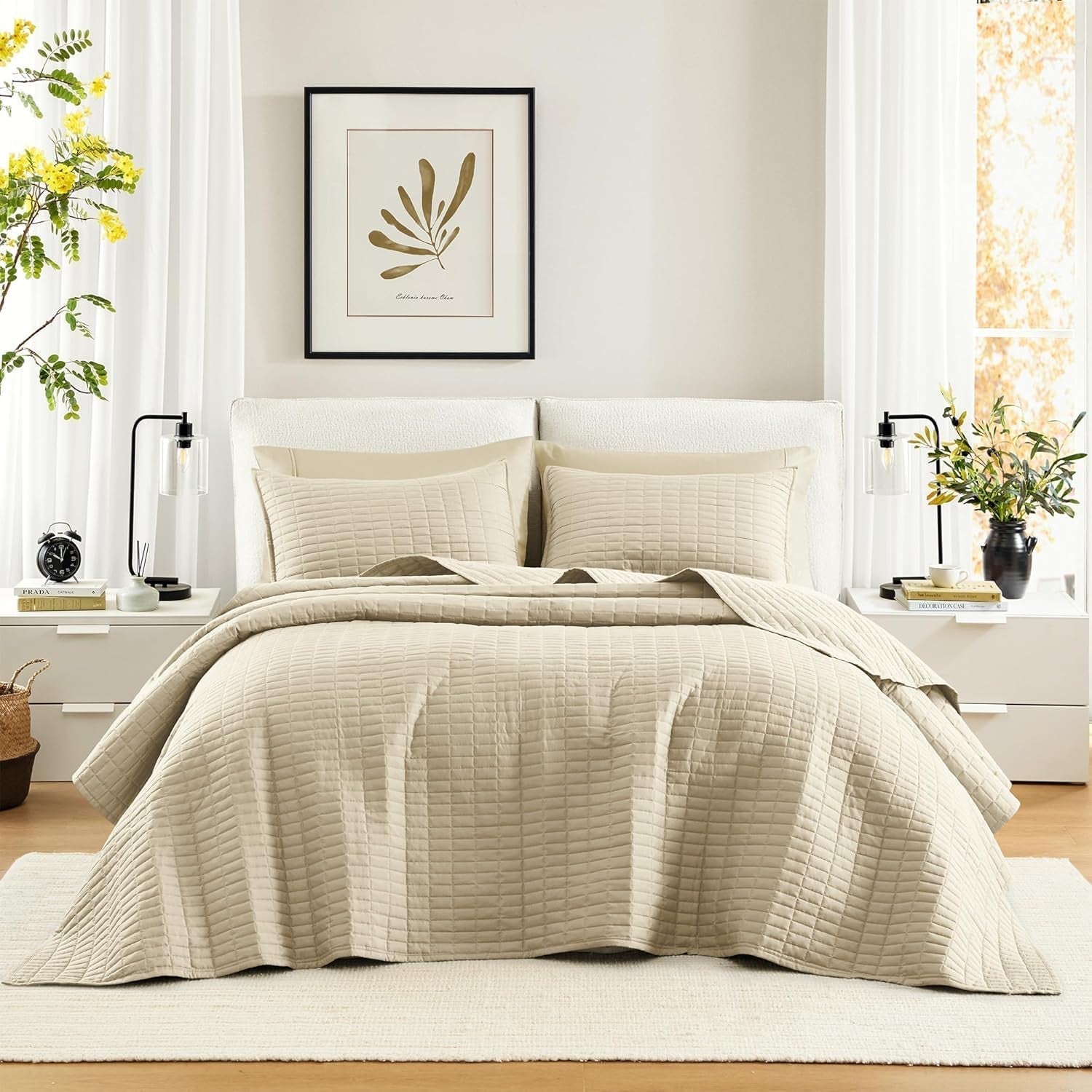 Comfort Spaces Kienna Quilt Set, Luxury Double Stitch Summer Blanket, Lightweight, Soft, Year-Round Bedding, Matching Pillowcase, White, Blanket for King Size Beds (264.2 X 228.6 Cm), Naty Shop Quilts & Quilts Ivory Color King Size