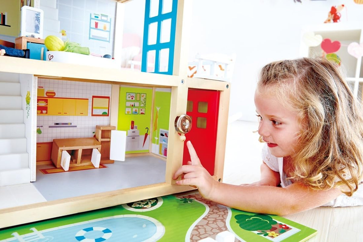 Casă de păpuși Hape Doll's Villa din lemn cu 10 camere, joc de rol creativ, inclusiv mobilier și accesorii, jucărie educativă, pentru copii de la 3 ani în sus