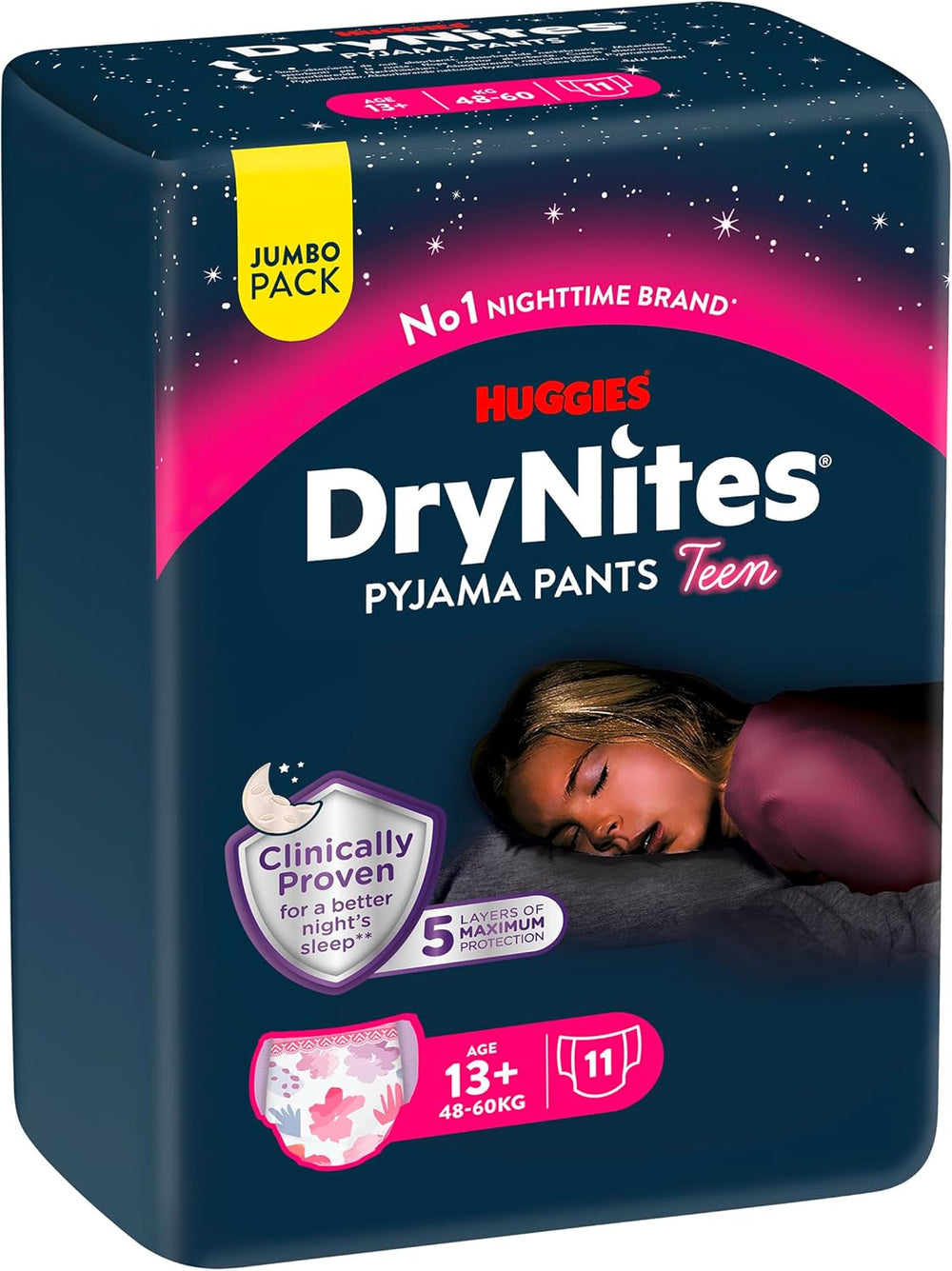 Huggies DryNites Nighttime Bedwetting Diapers for Girls 13-Approximately 17 Years (48-60kg) 33 Count (3 x 11) Jumbo Monthly Pack XL Diaper Briefs
