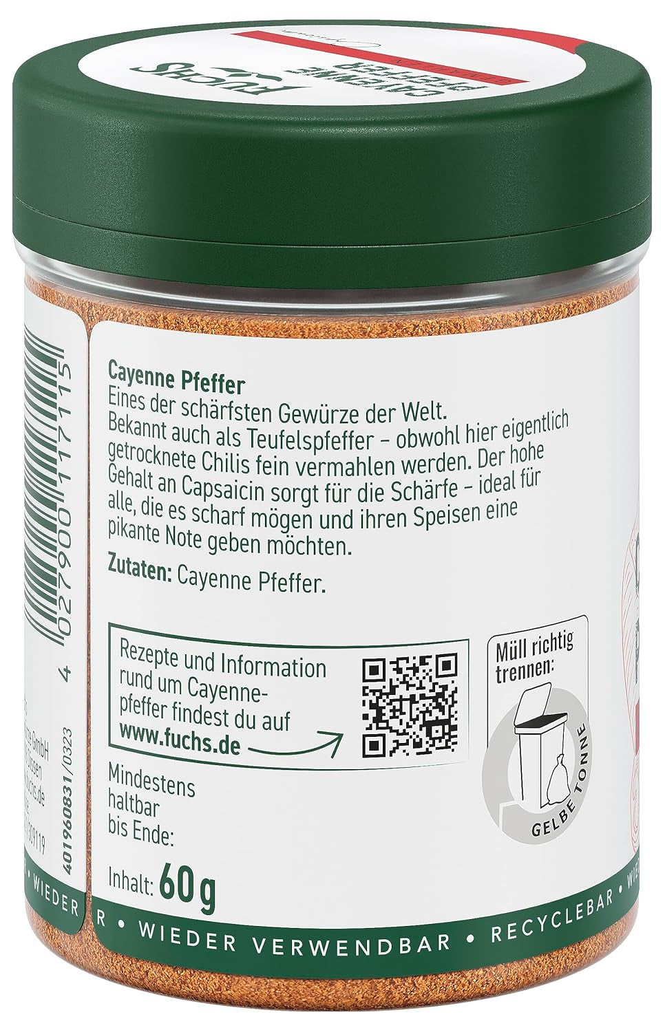 Fuchs Gewürze - Cayenne pepper gemahlen - for einen scharfen Geschmack in all kinds of dishes - natural ingredients - 60 g in wiederverwendbarer, recyclebarer Dose