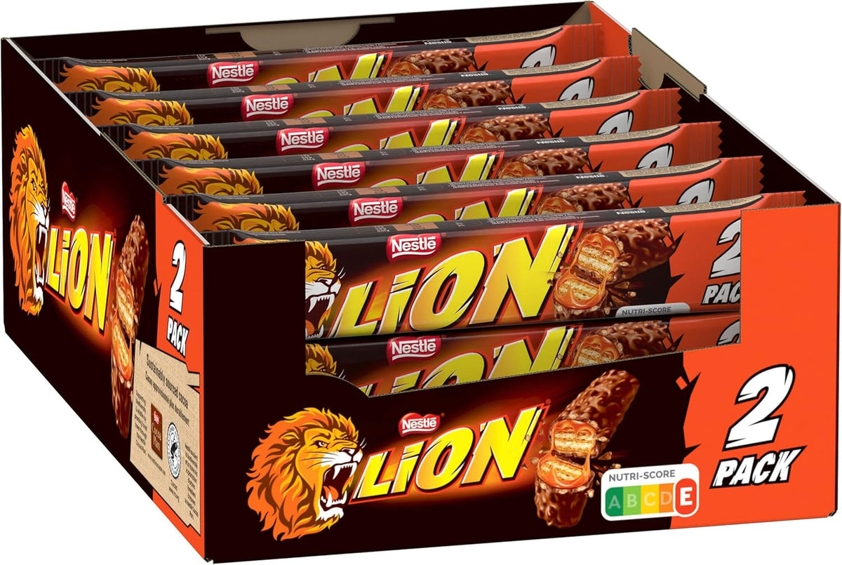 Nestlé LION Chocolate Bar with Caramel, Crunchy Snack, Crunchy Chocolate and Crunchy Chips, Caramel Filling, A Special Eating Experience, Multi Pack, 28 Pack (2 x 30g each)