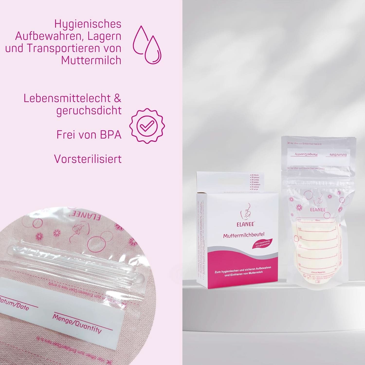 ELANEE Muttermilchbeutel, Aufbewahren & Einfrieren Von Muttermilch, Geschmackneutral Und Vorsterilisiert, Doppelter Sicherheitsverschluss, 20 Stück, Mit Standfuß (711-00) Baby Food and Breastfeeding Accessories Naty Shop