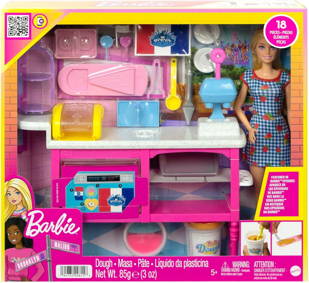 Barbie Malibu Roberts - Păpușă și set de copt cu 18 piese, inclusiv aluat modelabil și forme pentru gogoși, croissante și brioșe, pentru copii cu vârsta de 3 ani și peste, HJY19