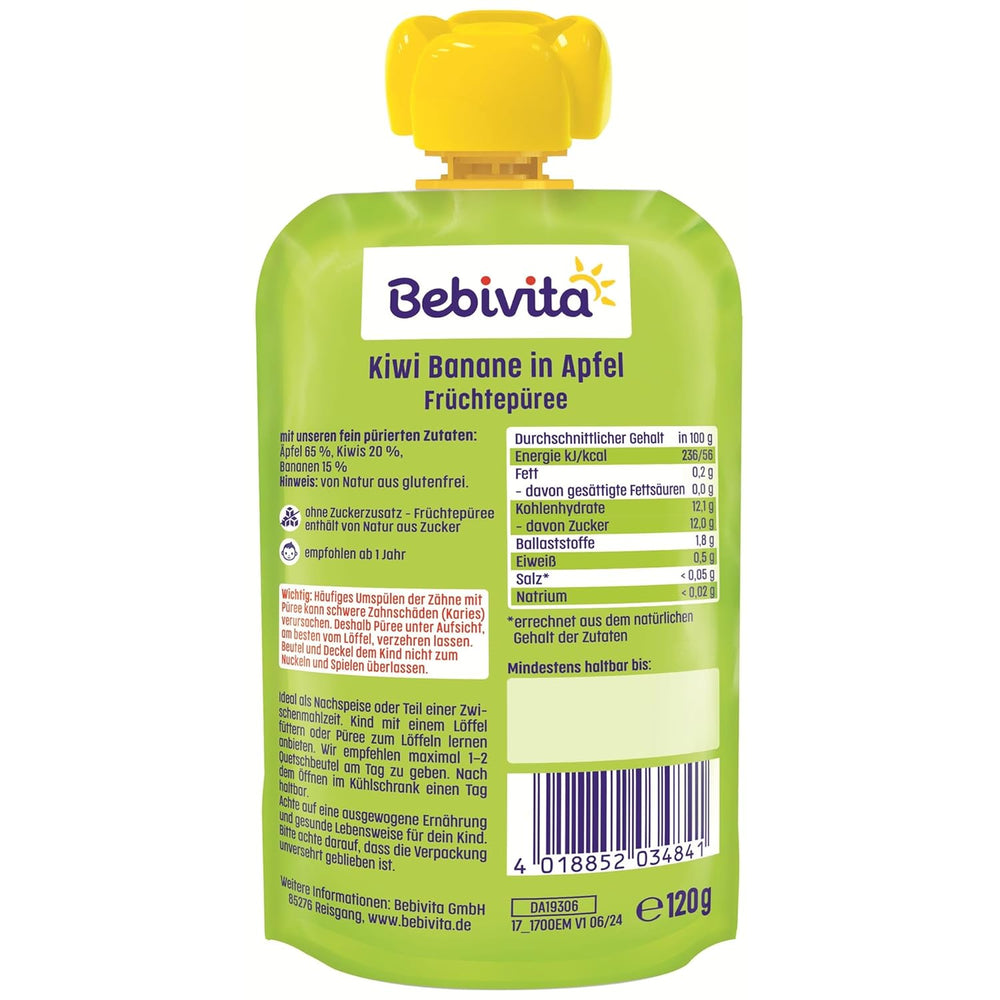 Kiwi Bananas in Apple Quetschie (6 x 120g), ohne Zuckerzusatz, glutenfrei, ideal für unterwegs und selbständiges Snacken
